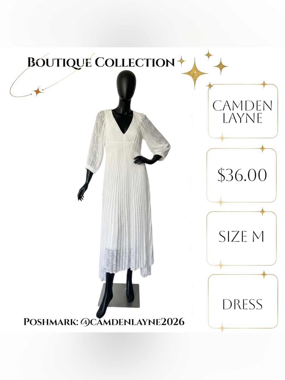 V-Neck White Pleated Maxi Dress with Sheer Long Sleeves - Picture 8 of 10